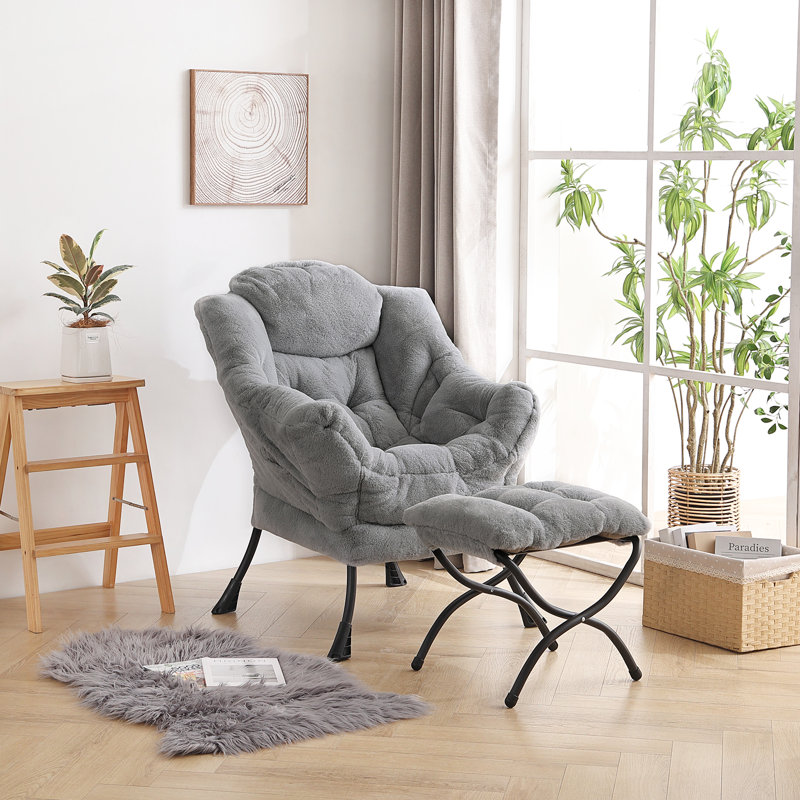 Gray Plush Metal Accent Chair with Ottoman