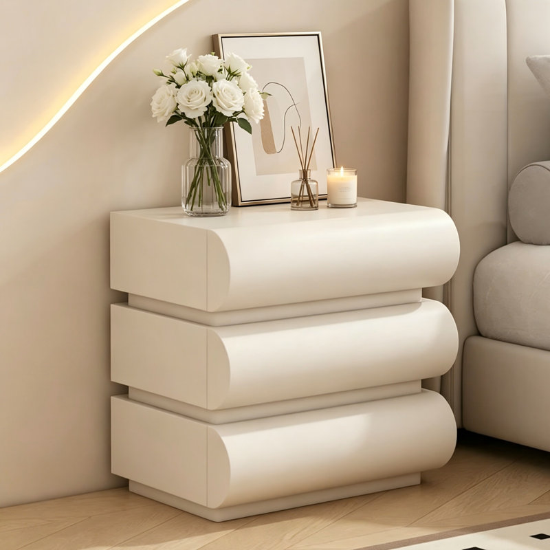 Cream Wavy 3-Drawer No Assembly Nightstand, Modern Upholstered Leather Bedside Table