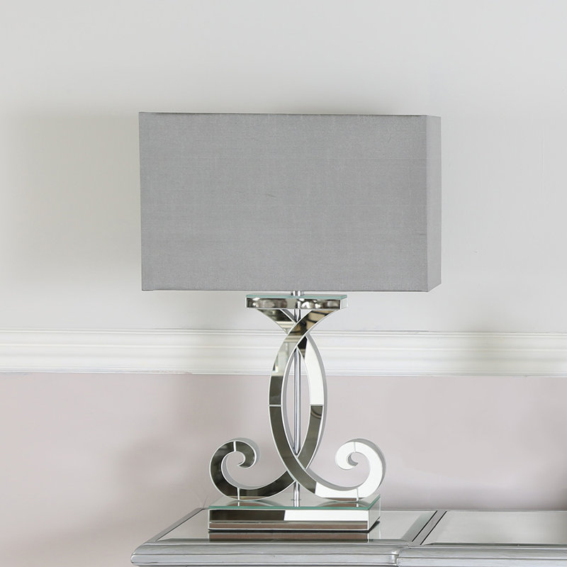 Stephens 66cm Luxury Table Lamp, Bedside Buffet Lamp with Wooden Glass Base & Polyester Shade, Grey, Silver