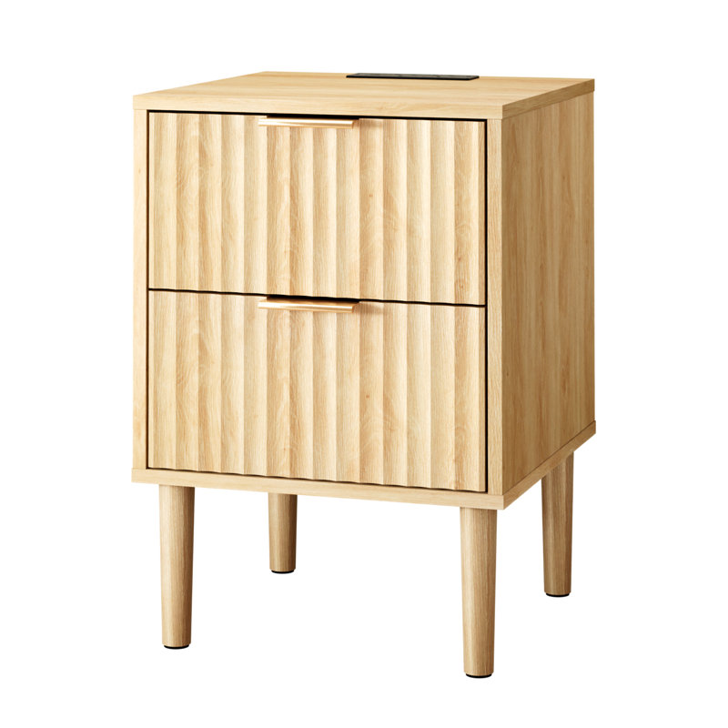 Table de chevet en chêne 15,7 po, panneau de fibres à densité moyenne 15 mm P2, mélamine et formage sous vide, 2 tiroirs, prise de courant américaine (1 USB + 1 TYPE C + 2 AC)