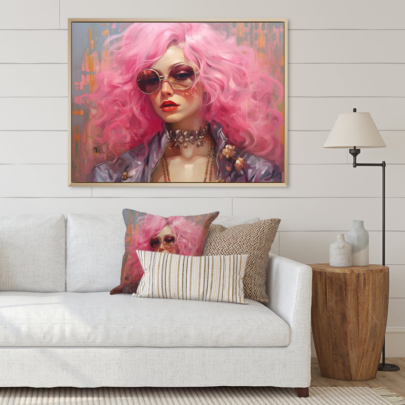 Déesse discopunk avec des cheveux roses sur toile, H 24 po x l 32 po x P 1 po, Cadre naturel flottant