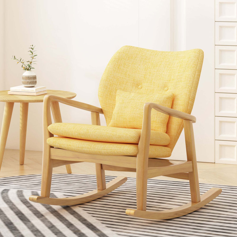 Chaise berçante élégante en bois massif avec coussin en lin