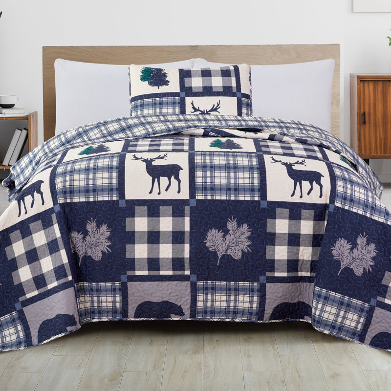 King Size Navy and Grey Microfiber Reversible Quilt Set