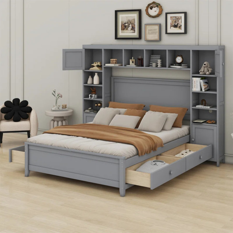 Lit en bois avec armoire tout-en-un, tiroirs et tablette, Gris