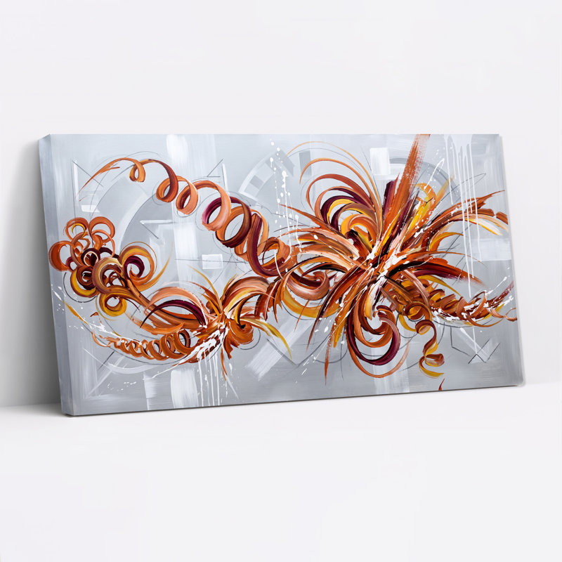 Tableau abstrait à motifs tourbillonnants orange et bourgogne avec des coulures de peinture blanche sur toile, 46“W x 24”H