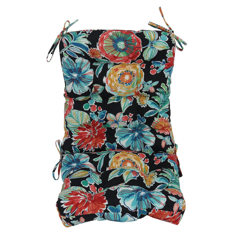 Outdoor Tufted Seat/Back Chair Cushion, Black/Colsen Noir Floral, 18" W x 18" D
