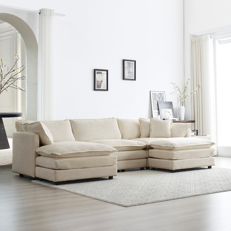 5 canapé d'angle convertible, canapé modulaire en U avec repose-pieds réversible, chenille beige pour un salon moderne et confortable 2 repose-pieds de style minimaliste