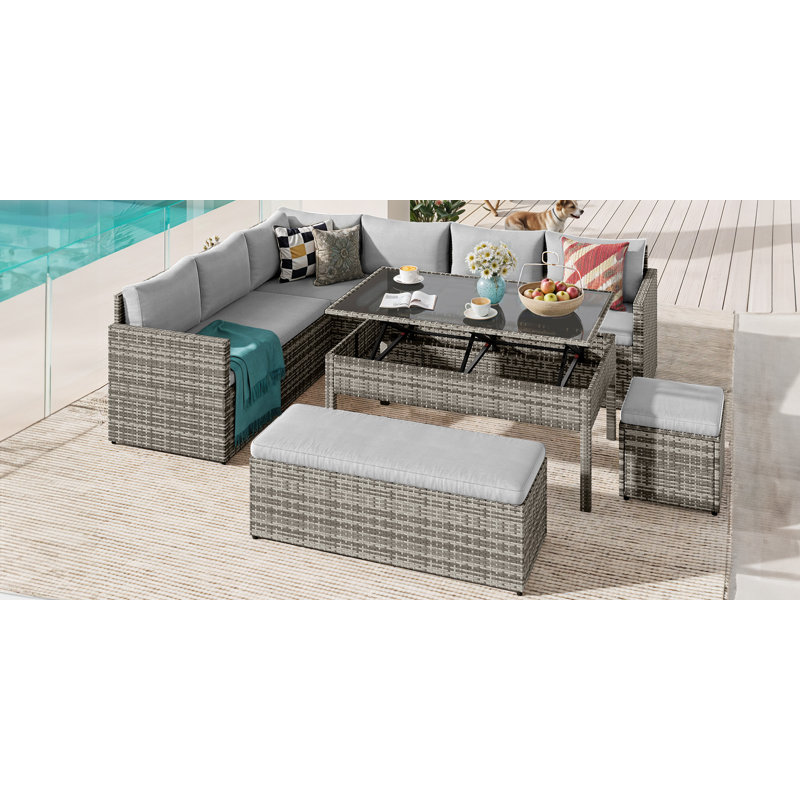 Patio Furniture Set Outdoor Wicker Sectional Sofa Conversation Set with Lift-Top Table, Gray, Gray