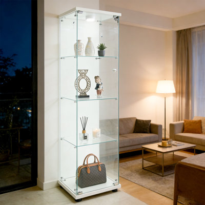 Led Lights Glass Display Cabinets, 4-tier Curio Bookshelf With Lockable Door  For Living Room Or Home Office White