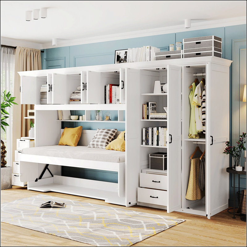 Lit escamotable simple avec armoire murale, Blanc