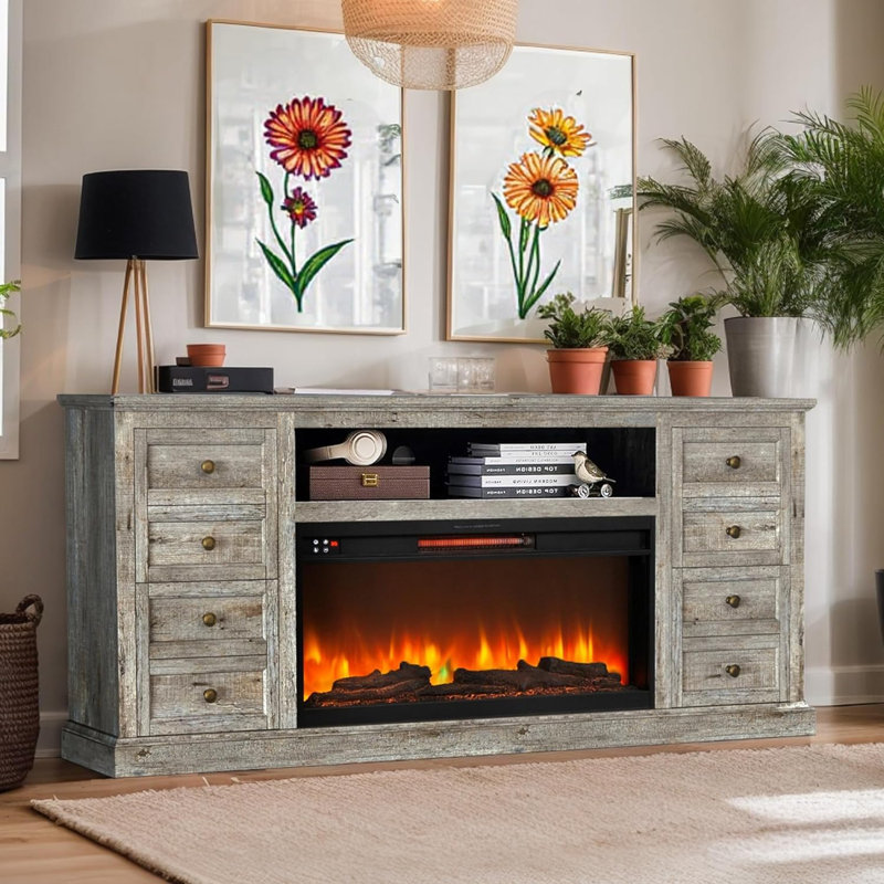 Farmhouse Tv Stand With 36'' Electric Fireplace,31'' Media Console With Drawer,Adjustable Flame,For 80'' Tvs, Gray