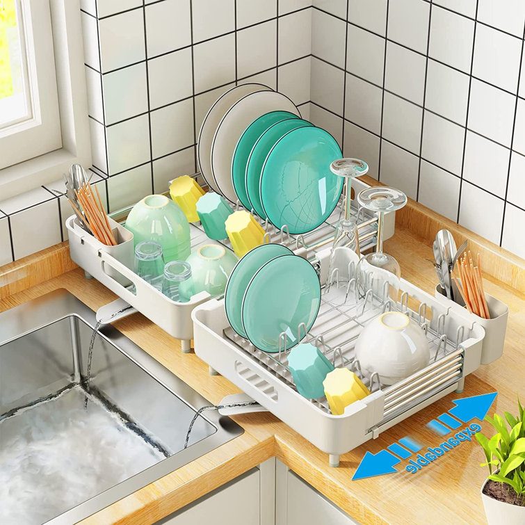 Dish Drying Rack, Kitchen Dish Drainer Rack, Expandable(13.2-19.7)  Stainless Steel Sink Organizer Dish Rack and Drainboard Set with Utensil  Holder Cups Holder for Kitchen Counter 