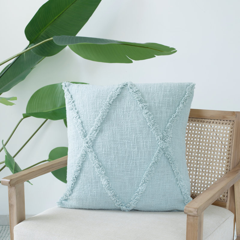  Hand-Woven Diamond Tufted 100% Cotton Throw Pillow, Pastel Blue, Polyester, Square 18"H x 18"W