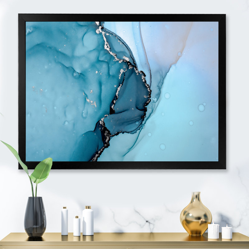 Turquoise liquide Art Universe - peinture sur toile, H 24 po x l 32 po, Toile avec cadre de coin noir fermé
