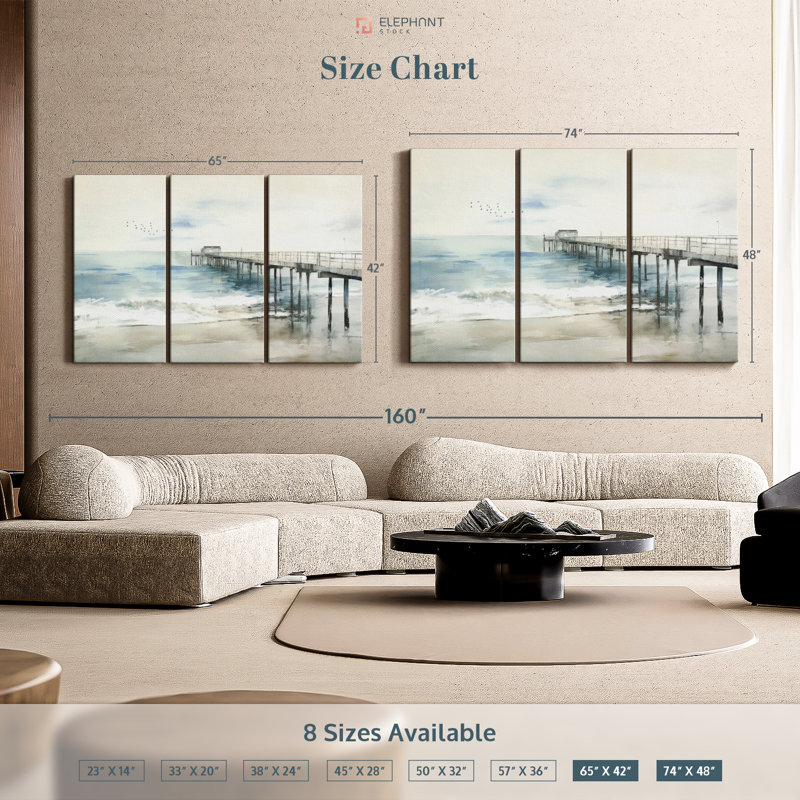 «Idyllic Coastal Jetty», 3 pièces sur toile, H 48 po x l 74 po x P 1,25 po