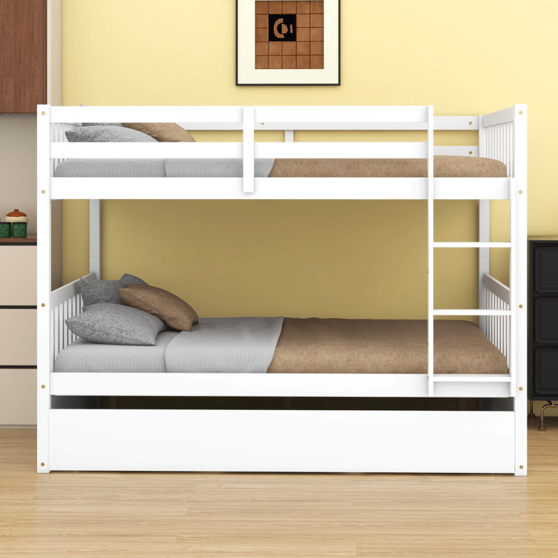 Full Over Full Rubber Wood Bunk Bed – Twin-Size Trundle, Ladder, Guardrails & Convertible To 2 Full Beds, White