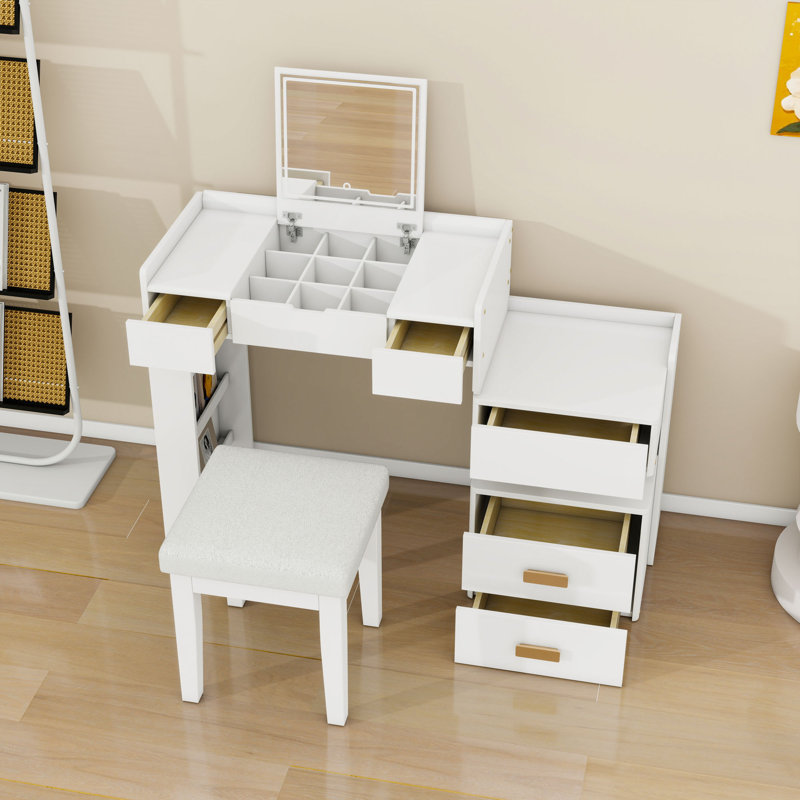 Makeup Vanity Desk with Flip-Top Mirror, Drawers, LED Lighting and Stool, White