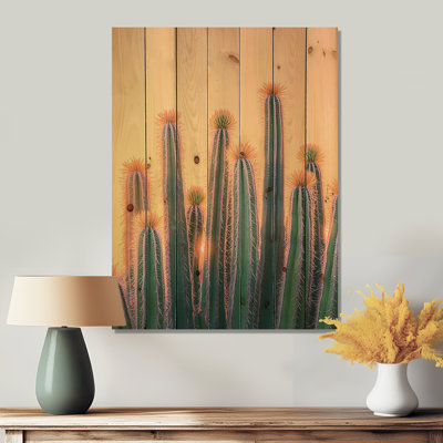 Pastel cactus au lever du soleil I - décoration murale en bois de cactus floral - sur bois de pin naturel