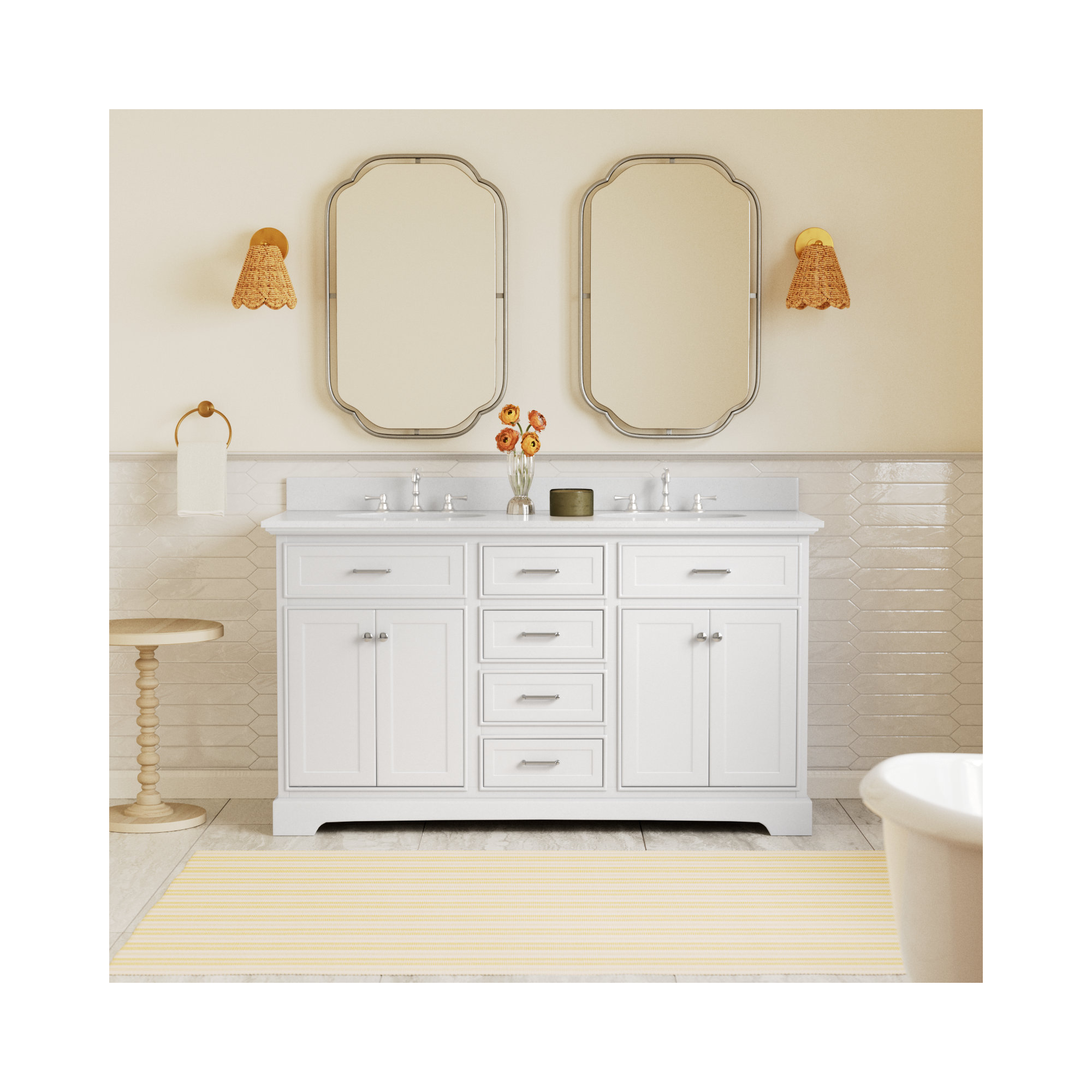 Ronnie 60'' Double Bathroom Vanity, White, Quartz