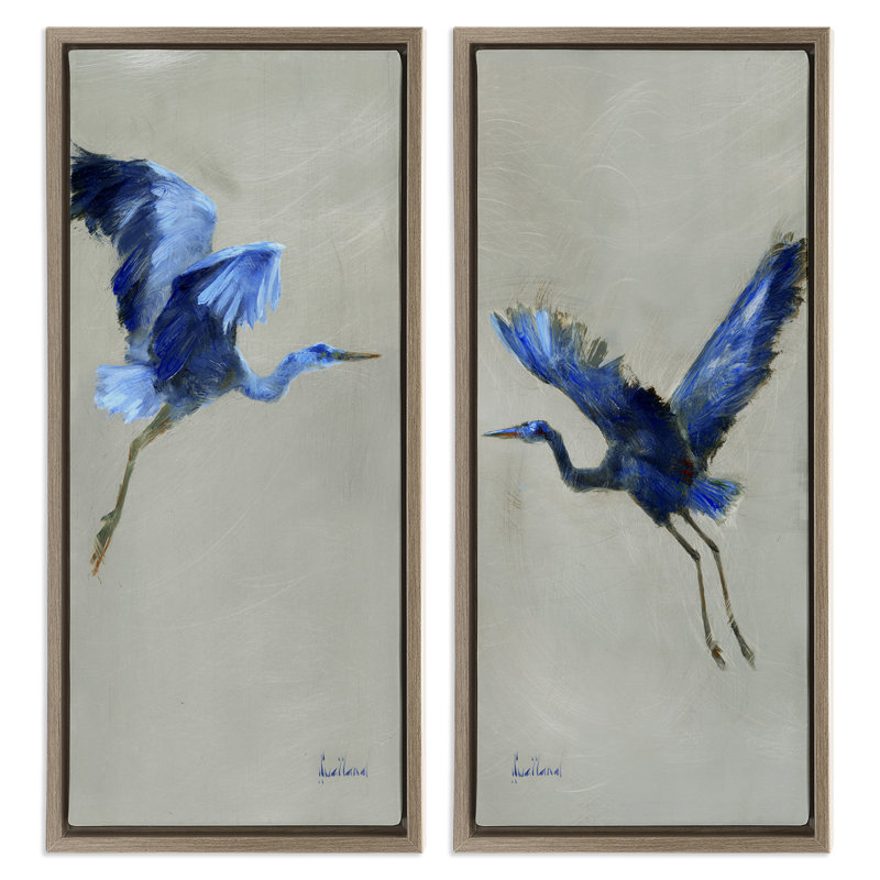 Ensemble de 2 toiles flottantes expressives avec oiseaux abstraits par Katie Swatland, Cadre flottant orme Montalcino