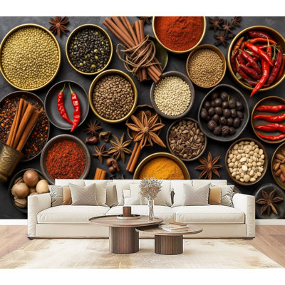 Peel and Stick Wallpaper Assorted Spices Herbs Bowls Vibrant Colors Textures Wall Murals 69"H x 96"W Removable PVC Wall Paper Self-Adhesive Wall Decor for Bedroom Living Room Home Office