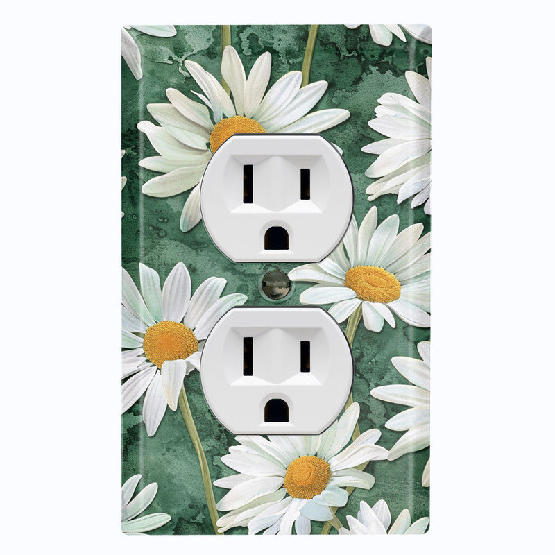 Couvercle de plaque d'interrupteur en métal; Rectangle 1 bande US standard - Fleurs de marguerite rustiques, Prise double # 8
