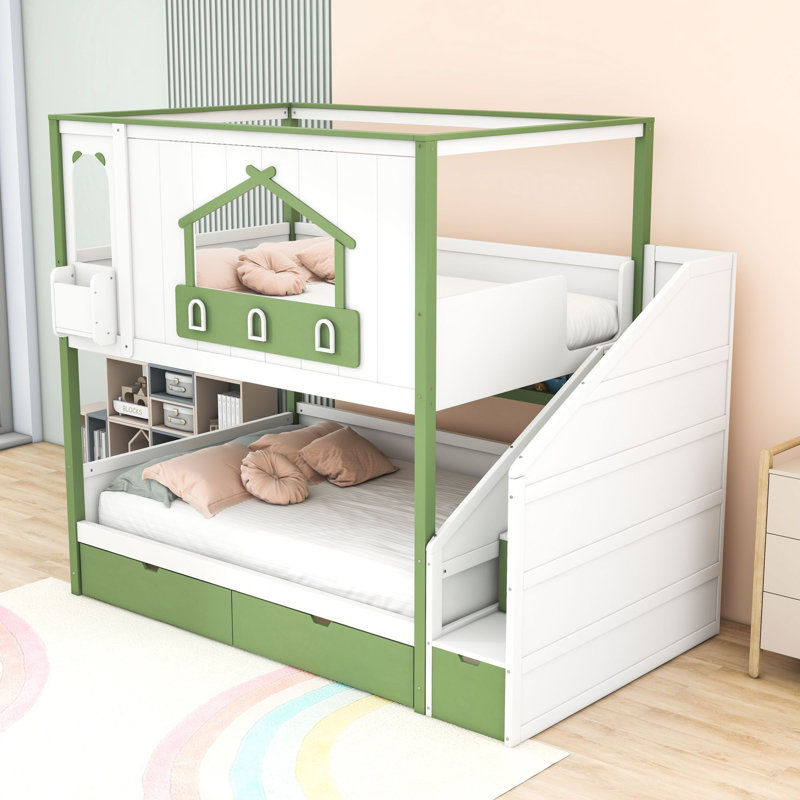 Lit superposé en bois avec tiroirs de rangement, tablettes et escaliers, Double sur double, Blanc vert