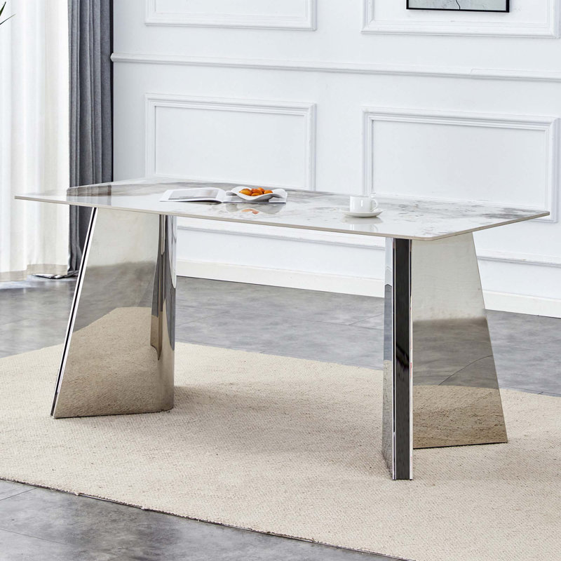 Marble-Patterned Slab Dining Table, Silver, White/Gray, 30"H x 63"L x 31.5"W