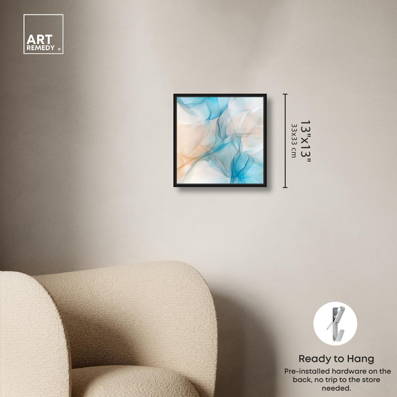 Art abstrait bleu sur toile Quori II , H 13 po x l 13 po, Cadre flottant noir