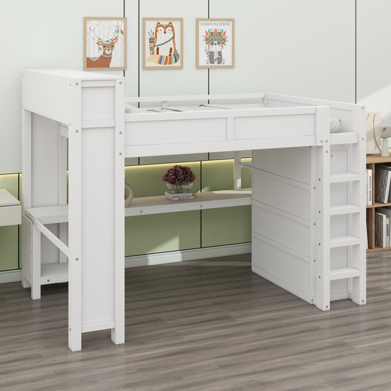 Multifunctional Loft Bed Featuring Storage Headboard, Closet, and Workstation, White