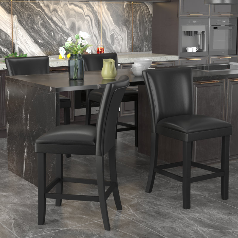 Wexford Collection Set of 2 Upholstered Faux Leather Counter Stools, High Back Wood Bar Stools, Counter Height Dining Chairs for Kitchen Island, Breakfast Bar and Dining Room
