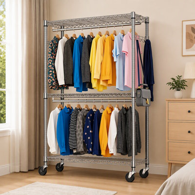 Étagère à vêtements roulante, étagère grillagée réglable à trois niveaux avec deux tringles de suspension et crochets latéraux, chrome