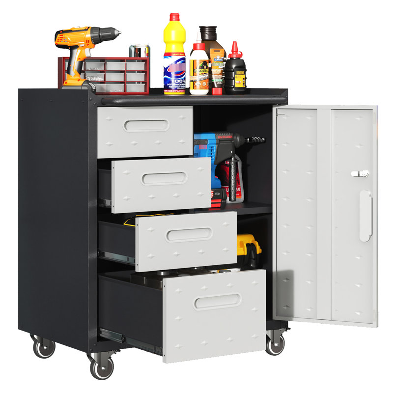 Armoire en métal avec roulettes pour le garage, le bureau et la maison. Plateau surélevé, 4 tiroirs latéraux, rangement verrouillable. Tablettes réglables. Outil de rangement noir / gris. 360 roues, dessus.