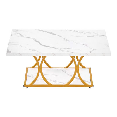 Coffee Table, Modern Faux Marble Coffee Table, Large 2-Tier Rectangle Center Desk with Geometric Legs, Minimalist Sturdy Metal Frame Accent End Desk f