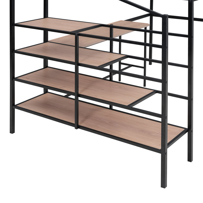 Lit mezzanine double en métal avec bureau et échelle de rangement latérale, Noir