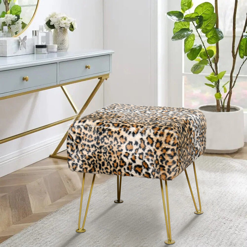 Square Faux Fur Upholstered Ottoman, Leopard Faux Fur
