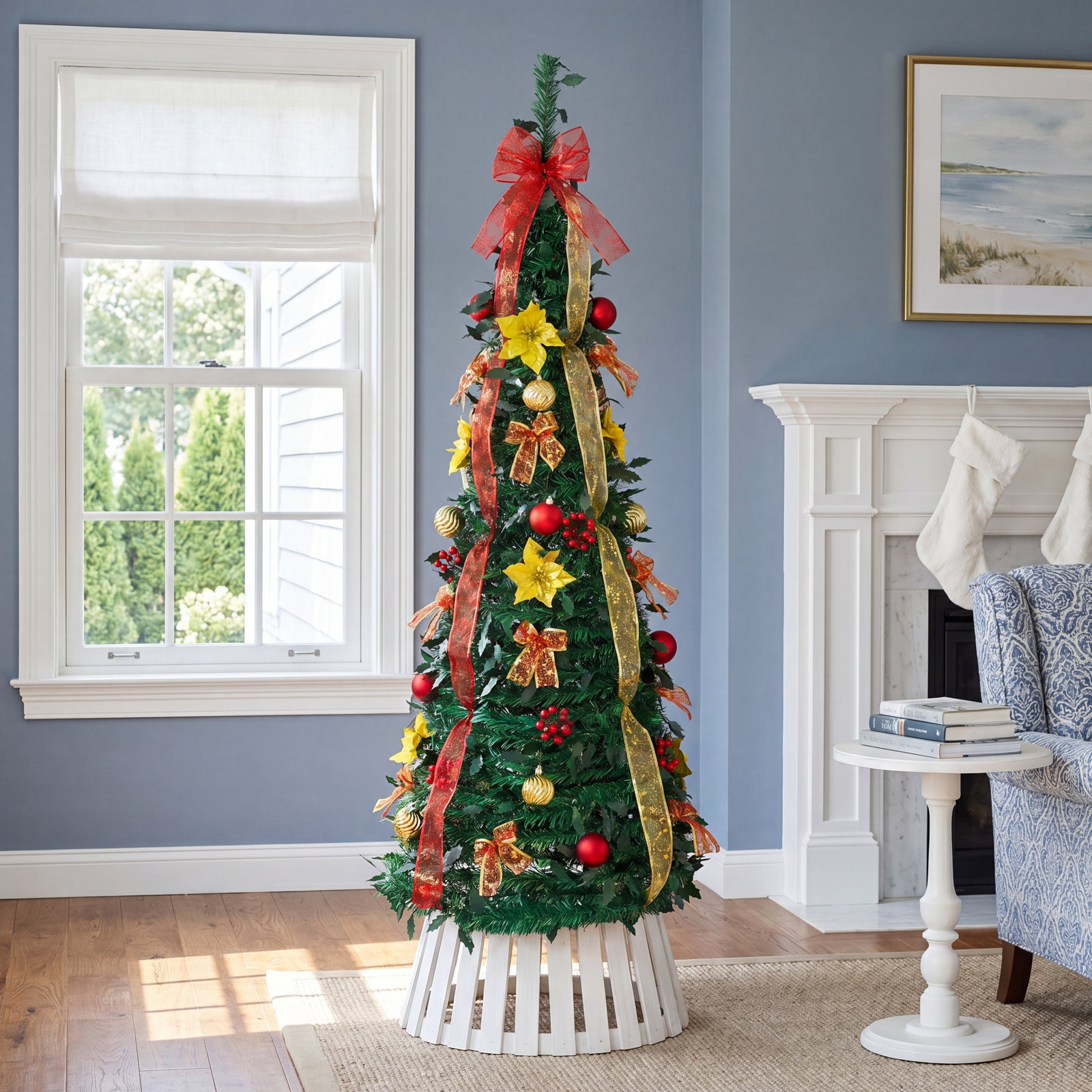 Red 7' Pre-Lit Pine Christmas Tree, 5" H x 20" W x 16" D