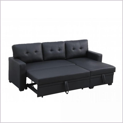 Canapé modulaire coulissant avec méridienne de rangement - lit simple, dossier rembourré | Similicuir | Noir | Accoudoirs carrés