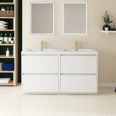Meuble-lavabo autoportant à double cuve 59 po x l 20 po x H 33 po avec plateau en résine blanche