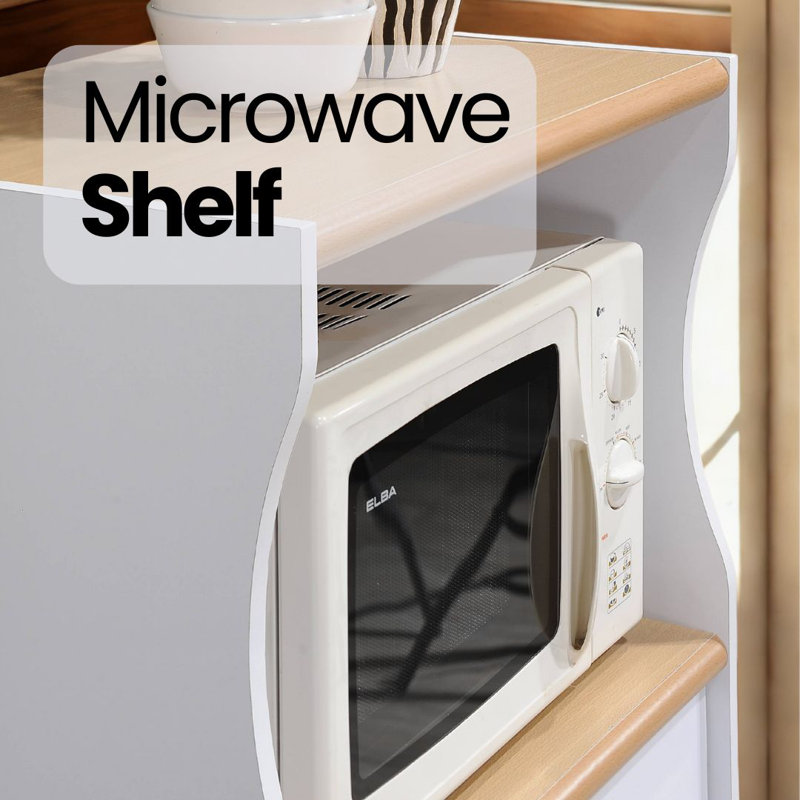 Rolling Kitchen Cart with  Microwave Shelf, Utensil Drawer, Interior Cabinet Storage Space and Locking Wheels, White