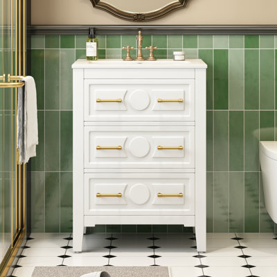 Meuble-lavabo autoportant avec lavabo en céramique, 3 tiroirs, structure en bois massif
