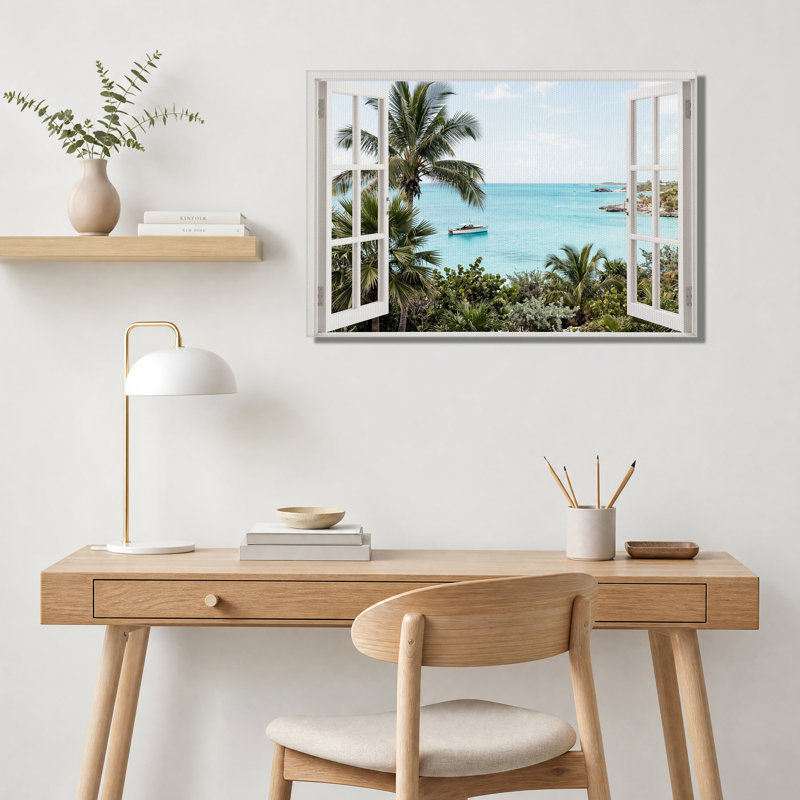 Tableau sur toile avec vue sur l'océan turquoise à travers une fenêtre ouverte, H 18 po x l 24 po