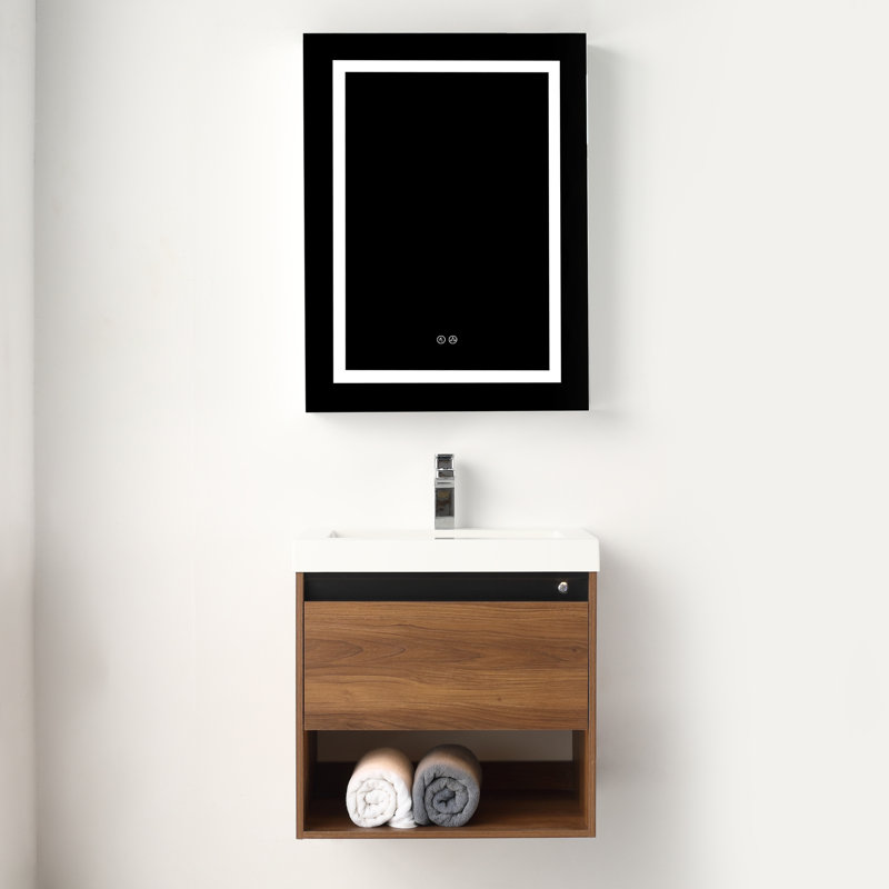 Meuble-lavabo flottant 24 po avec lumières DEL - Armoire murale en bois avec lavabo en acrylique, rangement à fermeture en douceur et lavabo intégré moderne