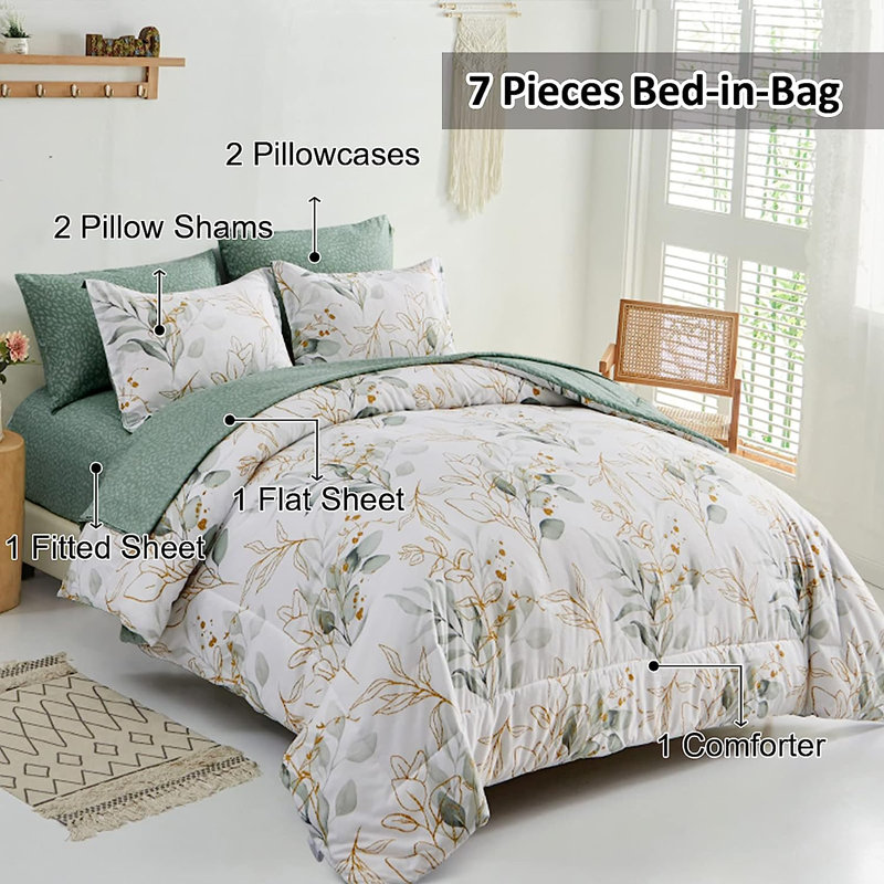 Green and Gold Botanical Microfiber Queen Bed in a Bag Set
