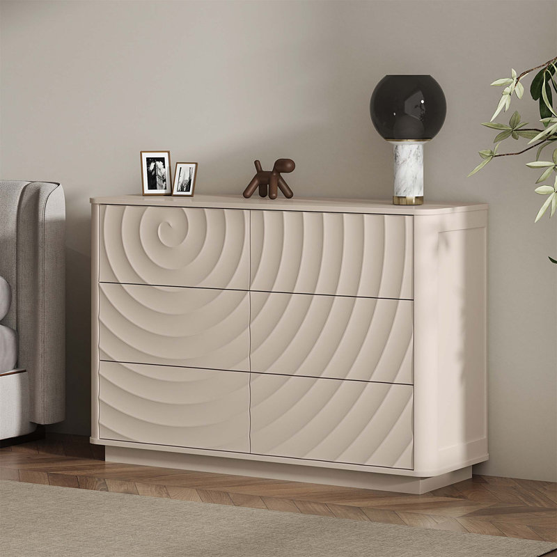 Commode 6 tiroirs pour chambre à coucher, commode moderne de 47,2 pouces de large avec design ondulé sans poignée, organisateur en bois pour placard et salon