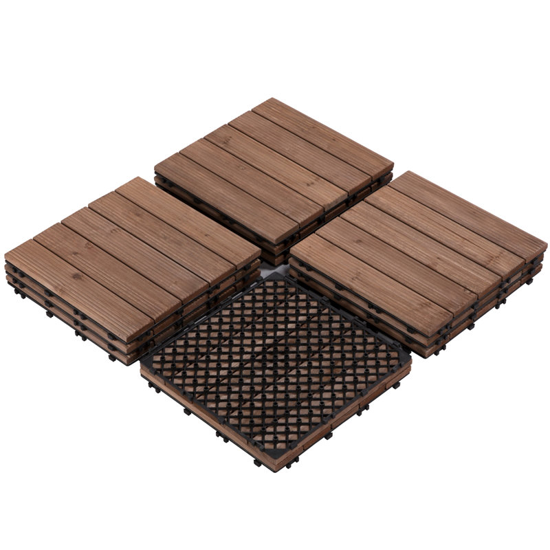 12" x 12" Fir Wood Interlocking Deck Tiles, Brown