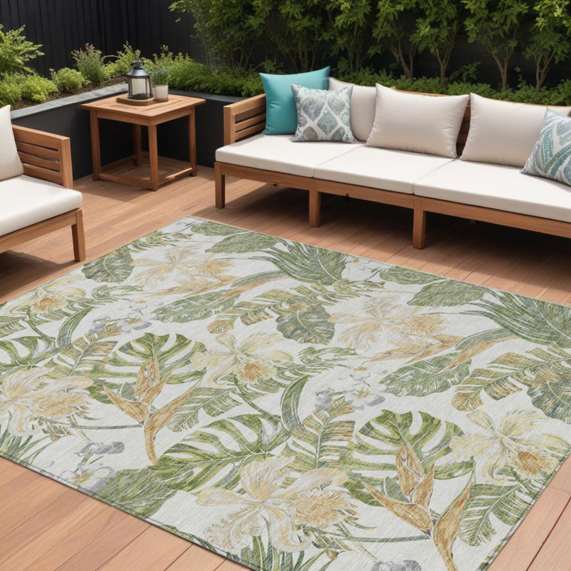 Tapis lavable intérieur / extérieur ivoire à feuilles botaniques 9 pi x 12 pi Arpin