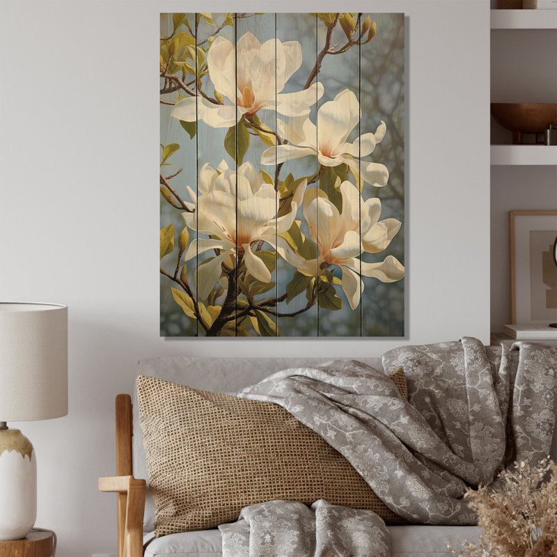 Blanc blanc jaune Magnolias Magnolia Bliss Ii sur bois, H 40 po x l 30 po x P 0,78 po