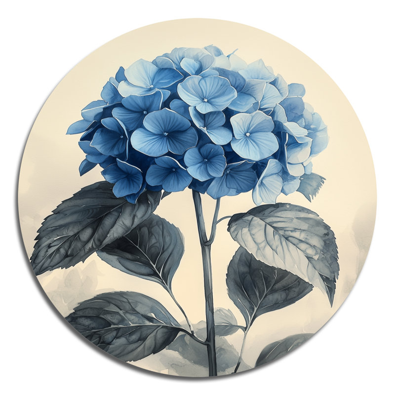 Rétro hortensia en champ monochrome II - hydrangées, art mural rond en métal, H 36 po x l 36 po