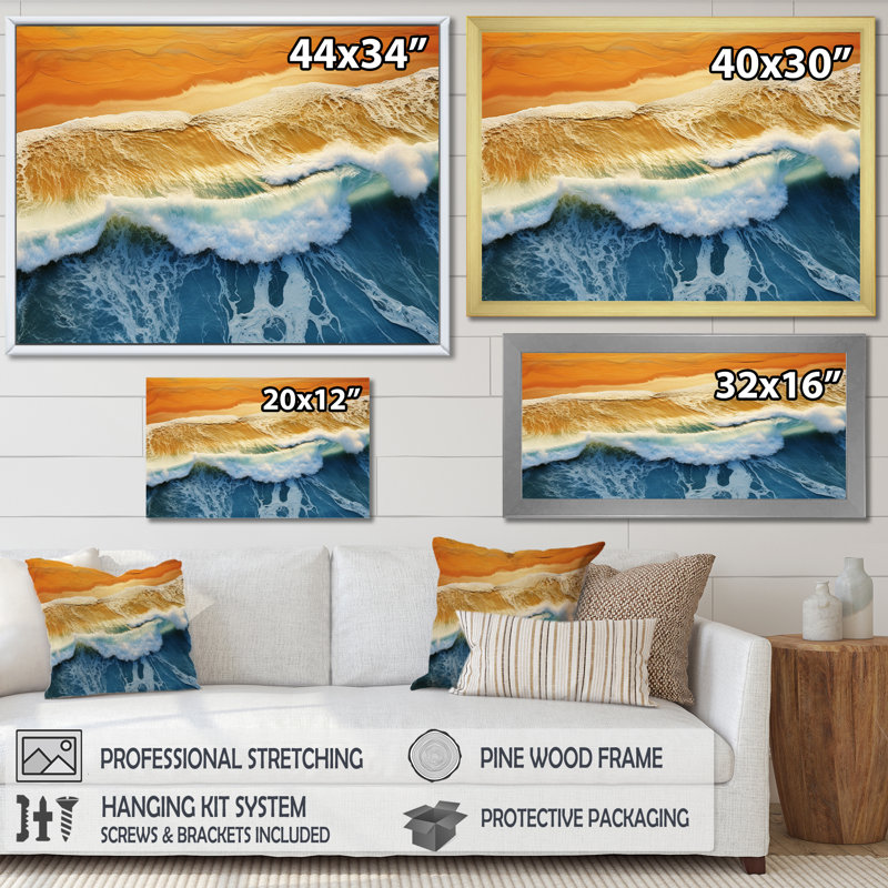 Vue aérienne de la plage bleue et orange II - art mural plage, Cadre de coin blanc fermé, H 12 po x l 20 po x P 1 po